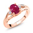thumbnail image 1 of Gem Stone King 18K Rose Gold Plated Silver Red Ruby and White Moissanite 3 Stone Engagement Ring for Women | 1.68 Cttw | Oval 8X6MM | Round 2MM | Gemstone July Birthstone | Size 5, 1 of 6