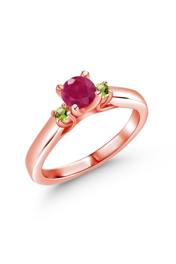 18K Rose Gold Plated Silver Red Ruby and Green Peridot 3-Stone Engagement Ring for Women (0.69 Cttw, Gemstone July Birthstone, Size 8)