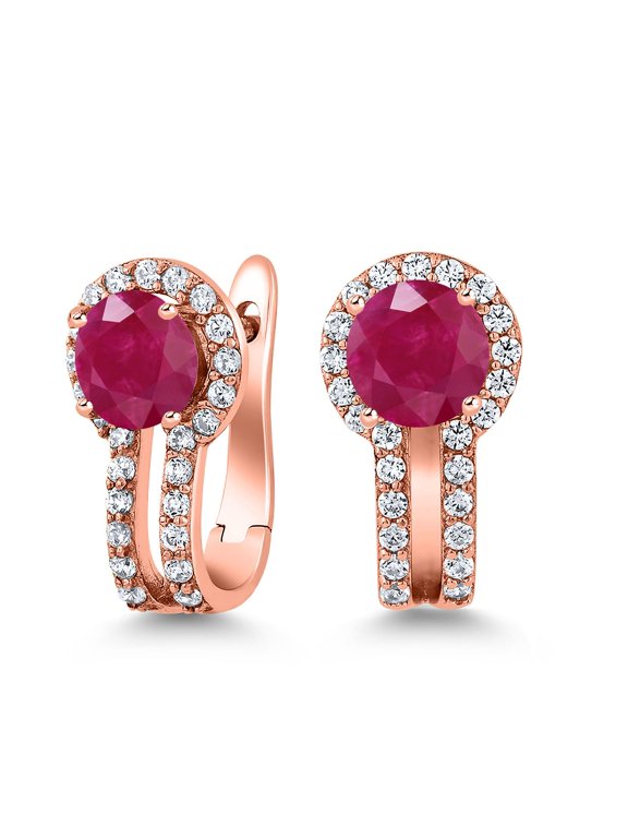 18K Rose Gold Plated Silver Red Ruby and White Created Sapphire Earrings for Women (1.60 Cttw, Gemstone July Birthstone, Round 5MM)