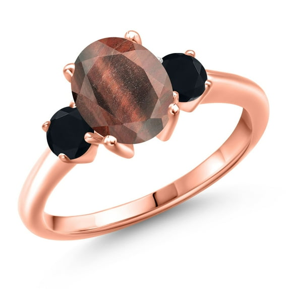 Gem Stone King 18K Rose Gold Plated Silver Red Tiger Eye and Black Onyx Engagement Ring for Women | 1.94 Cttw | Oval 9X7MM | Gemstone Birthstone | Size 6