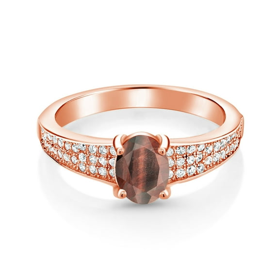Gem Stone King 18K Rose Gold Plated Silver Red Tiger Eye Engagement Ring for Women (1.73 Cttw, Oval 8X6MM, Gemstone Birthstone, Available in Size 5, 6, 7, 8, 9)