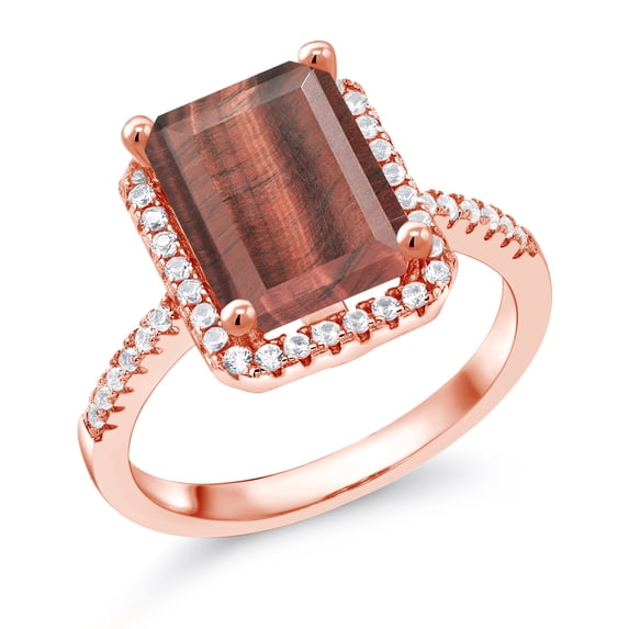 Gem Stone King 18K Rose Gold Plated Silver Red Tiger Eye Engagement Ring for Women (3.36 Cttw, Emerald Cut 10X8MM, Gemstone Birthstone, Size 6)