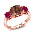 thumbnail image 1 of Gem Stone King 18K Rose Gold Plated Silver Red Tiger Eye and Red Created Ruby 3 Stone Engagement Ring for Women (4.00 Cttw, Gemstone, Cushion 8MM, Size 8), 1 of 5