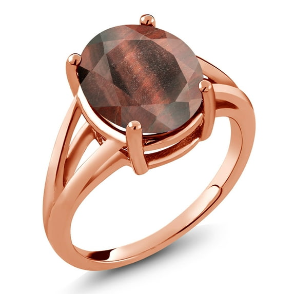 Gem Stone King 18K Rose Gold Plated Silver Red Tiger Eye Ring for Women (4.00 Cttw, Gemstone Birthstone, Oval 12X10MM, Available in Size 5,6,7,8,9)