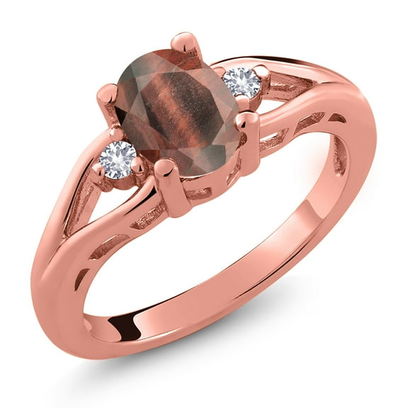 Gem Stone King 18K Rose Gold Plated Silver Red Tiger Eye and White Created Sapphire 3 Stone Engagement Ring for Women | 1.33 Cttw | Oval 8X6MM | Round 2MM | Gemstone Birthstone | Size 8