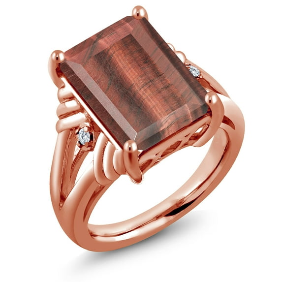 Gem Stone King 18K Rose Gold Plated Silver Red Tiger Eye and White Diamond Engagement Ring for Women (6.53 Cttw, Gemstone Birthstone, Emerald Cut 14X10MM, Size 7)