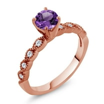 Gem Stone King 18K Rose Gold Plated Silver Ring Round Purple Amethyst and Moissanite (1.12 Cttw, Size 5)