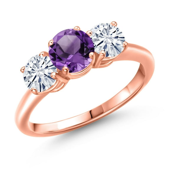 Gem Stone King 18K Rose Gold Plated Silver Purple Amethyst and White Moissanite Engagement Ring for Women | 2.00 Cttw | Round 6MM | Gemstone February Birthstone | Size 8