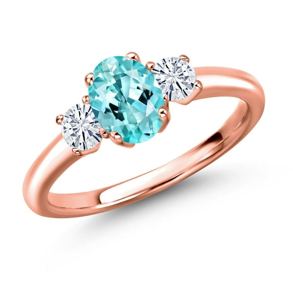 Gem Stone King 18K Rose Gold Plated Silver Blue Apatite and White Moissanite Engagement Ring for Women | 1.14 Cttw | Oval 7X5MM | Gemstone Birthstone | Size 5