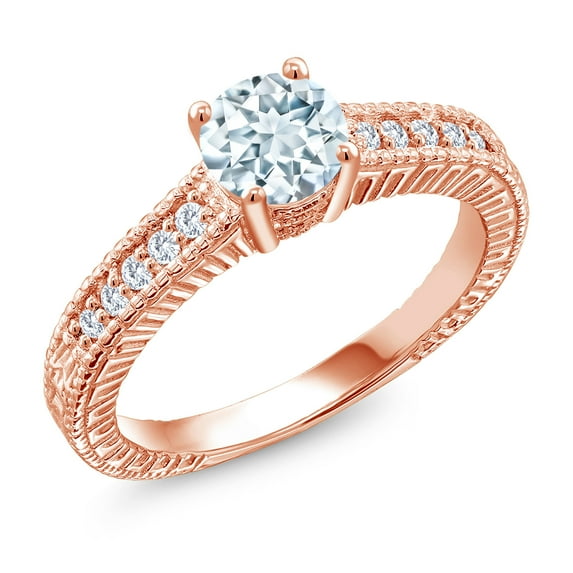 Gem Stone King 18K Rose Gold Plated Silver Ring Round Sky Blue Aquamarine and Moissanite (0.90 Cttw, Size 9)