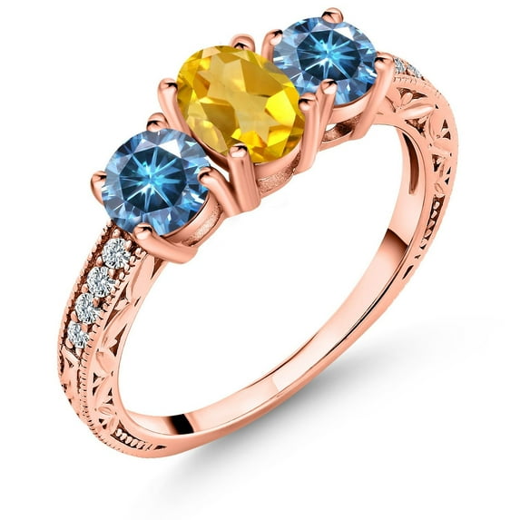 Gem Stone King 18K Rose Gold Plated Silver 3-Stone Ring Oval Yellow Citrine and Vivid Persian Blue Moissanite (1.87 Cttw, Size 9)