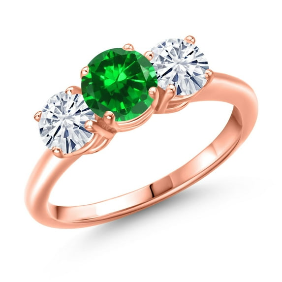 Gem Stone King 18K Rose Gold Plated Silver Green Created Emerald and White Moissanite Engagement Ring for Women | 2.00 Cttw | Round 6MM | Gemstone May Birthstone | Size 9