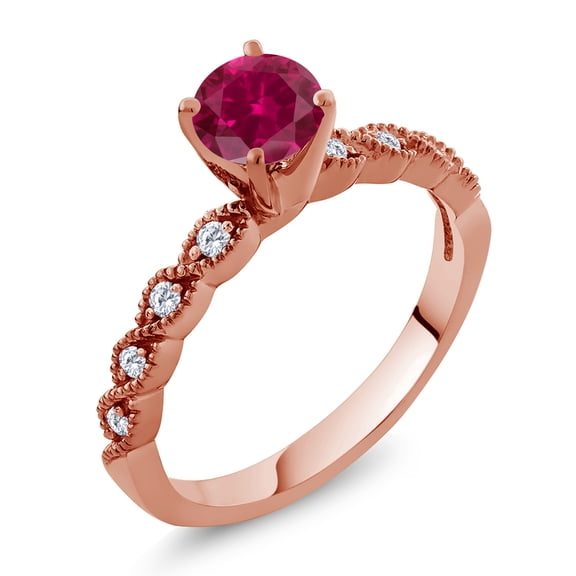Gem Stone King 18K Rose Gold Plated Silver Ring Round Red Created Ruby and Moissanite (1.12 Cttw, Size 8)