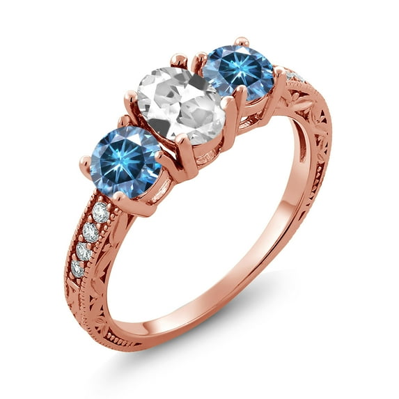 Gem Stone King 18K Rose Gold Plated Silver 3-Stone Ring Oval White Created Sapphire and Vivid Persian Blue Moissanite (2.12 Cttw, Size 8)