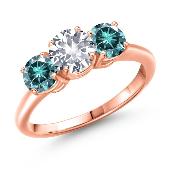 Gem Stone King 18K Rose Gold Plated Silver White Created Sapphire and Blue Moissanite Engagement Ring for Women | 2.00 Cttw | Round 6MM | Gemstone September Birthstone | Size 6