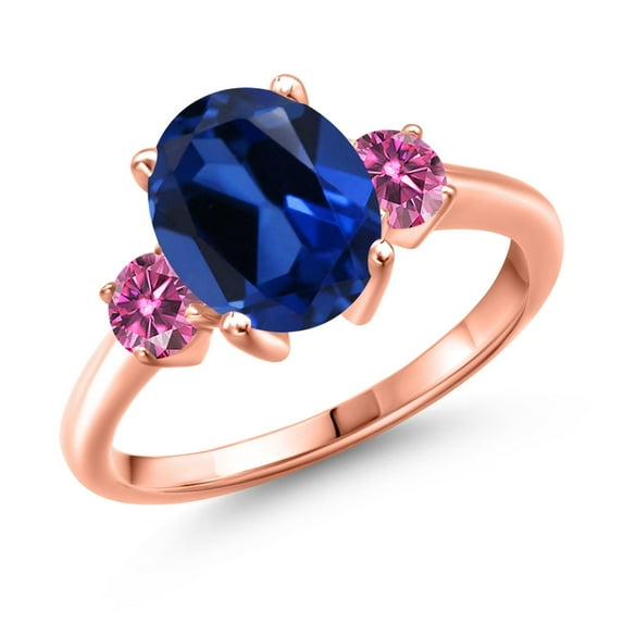 Gem Stone King 18K Rose Gold Plated Silver Ring Oval Blue Created Sapphire and Vivid Pink Moissanite (3.76 Cttw, Size 9)