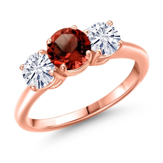 Gem Stone King 18K Rose Gold Plated Silver Red Garnet and White Moissanite Engagement Ring for Women | 2.00 Cttw | Round 6MM | Gemstone January Birthstone | Size 6