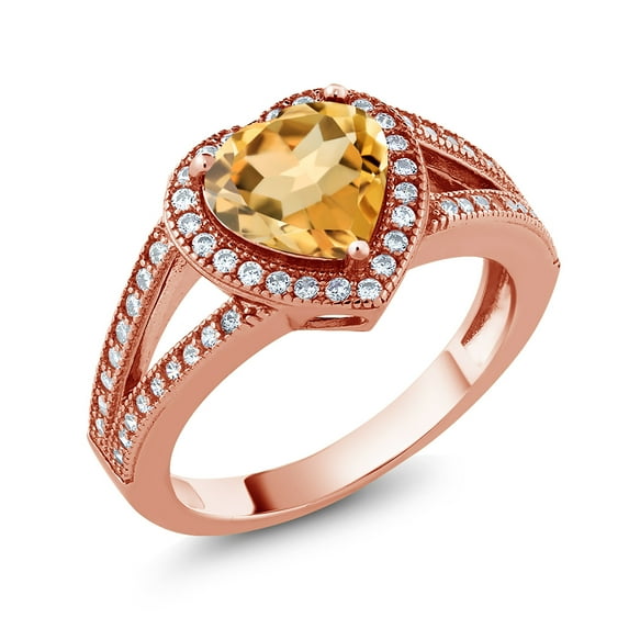 Gem Stone King 18K Rose Gold Plated Silver Ring Heart Shape Citrine and Moissanite (1.69 Cttw) (Size 7)
