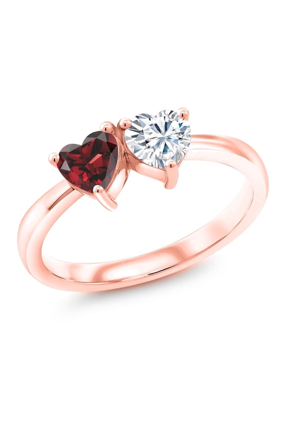 18K Rose Gold Plated Silver Fashion Right-Hand Ring Set with Heart Shape Red Garnet and Moissanite (1.10 Cttw, Size 6)