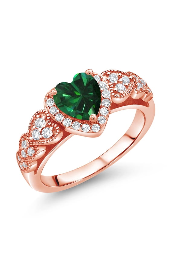 18K Rose Gold Plated Silver Green Nano Emerald and White Moissanite Halo Ring for Women | 0.88 Cttw | Heart Shape 6MM | Gemstone May Birthstone | Size 7