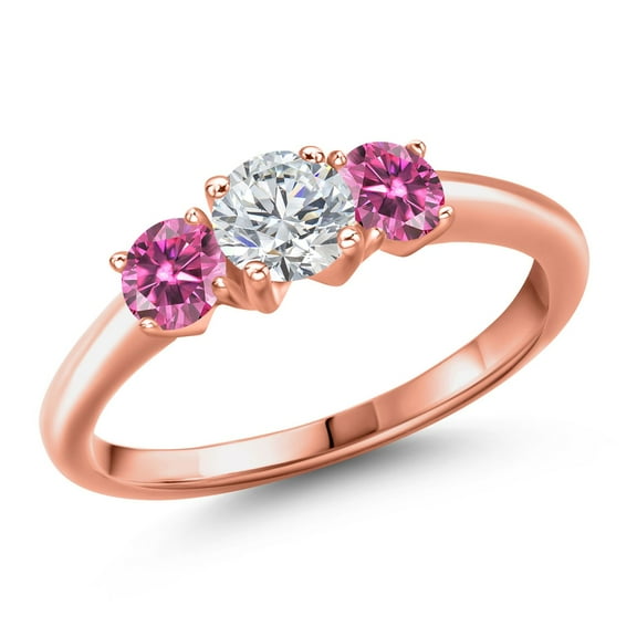 Gem Stone King 18K Rose Gold Plated Silver Lab Grown Diamond and Pink Moissanite Engagement Ring for Women | 0.96 Cttw | Round 5MM | Gemstone April Birthstone | Size 7