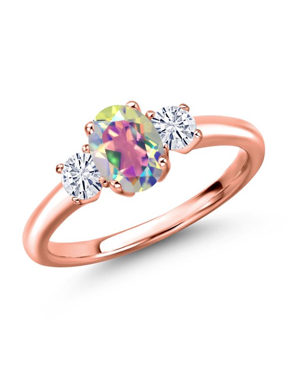 18K Rose Gold Plated Silver Mercury Mist Mystic Topaz and White Moissanite Engagement Ring for Women | 1.32 Cttw | Oval 7X5MM | Gemstone November Birthstone | Size 9