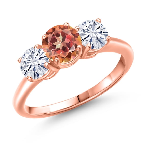 Gem Stone King 18K Rose Gold Plated Silver Ecstasy Mystic Topaz and White Moissanite Engagement Ring for Women | 2.00 Cttw | Round 6MM | Gemstone November Birthstone | Size 9