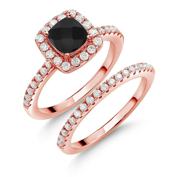 Gem Stone King 18K Rose Gold Plated Silver Ring Onyx Moissanite (1.44 Cttw)