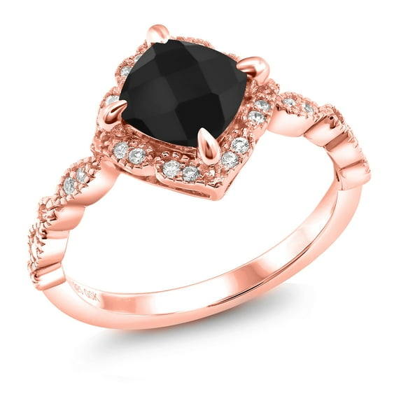 Gem Stone King 18K Rose Gold Plated Silver Ring Cushion Checkerboard Black Onyx and Moissanite (1.66 Cttw, Size 5)