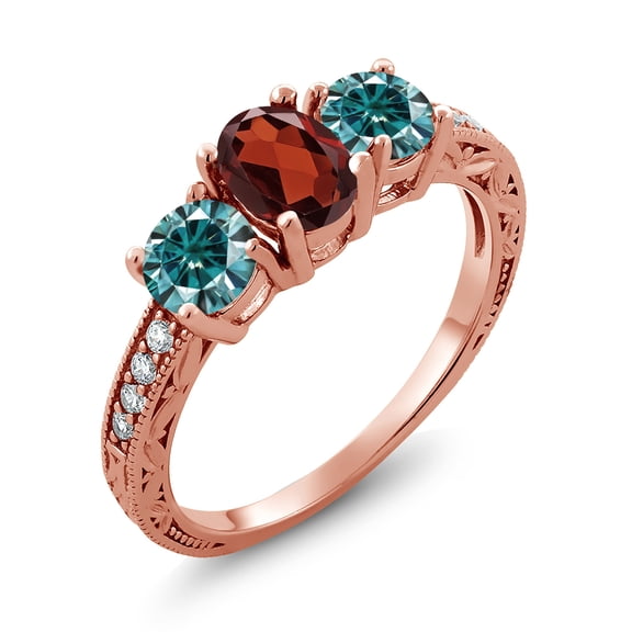 Gem Stone King 18K Rose Gold Plated Silver Ring Oval Garnet Blue Moissanite (1.99 Cttw) (Size 9)
