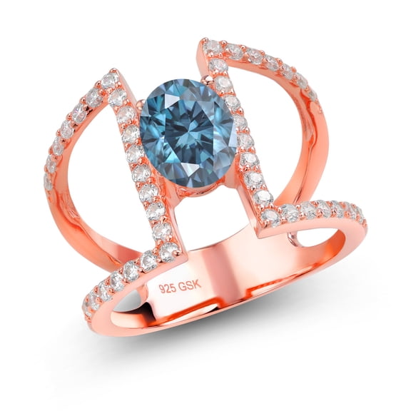 Gem Stone King 18K Rose Gold Plated Silver Ring Oval Persian Blue Moissanite and (2.04 Cttw, Size 8)
