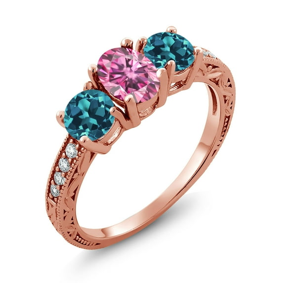 Gem Stone King 18K Rose Gold Plated Silver 3-Stone Ring Oval Pink Moissanite and Topaz London Blue (2.42 Cttw, Size 5)