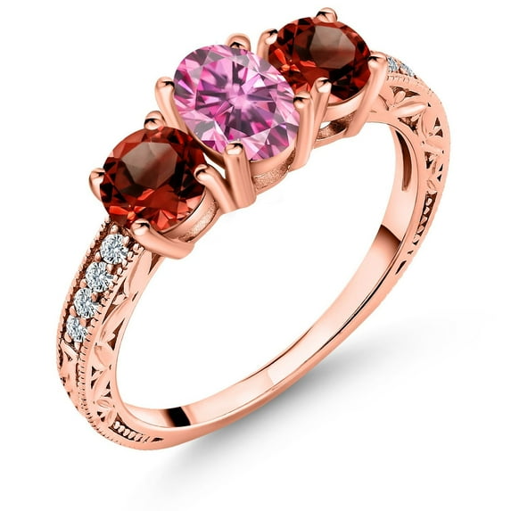 Gem Stone King 18K Rose Gold Plated Silver 3-Stone Ring Oval Pink Moissanite and Garnet Red (2.12 Cttw, Size 8)
