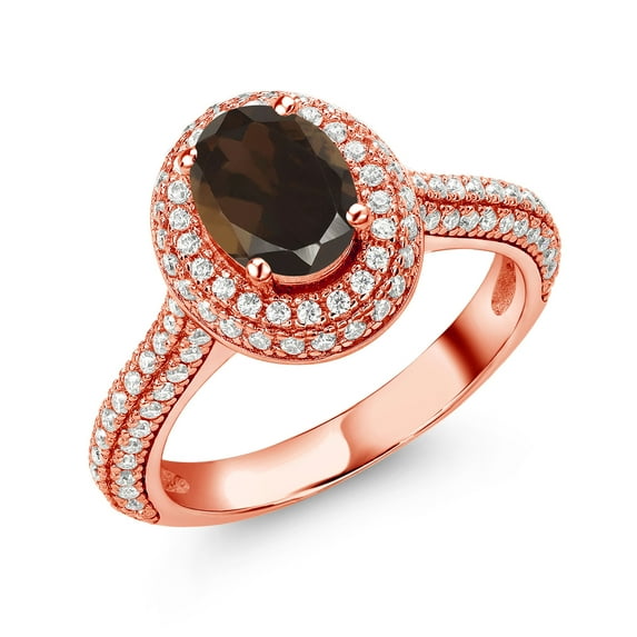 Gem Stone King 18K Rose Gold Plated Silver Ring Oval Smoky Quartz Moissanite (1.84 Cttw)