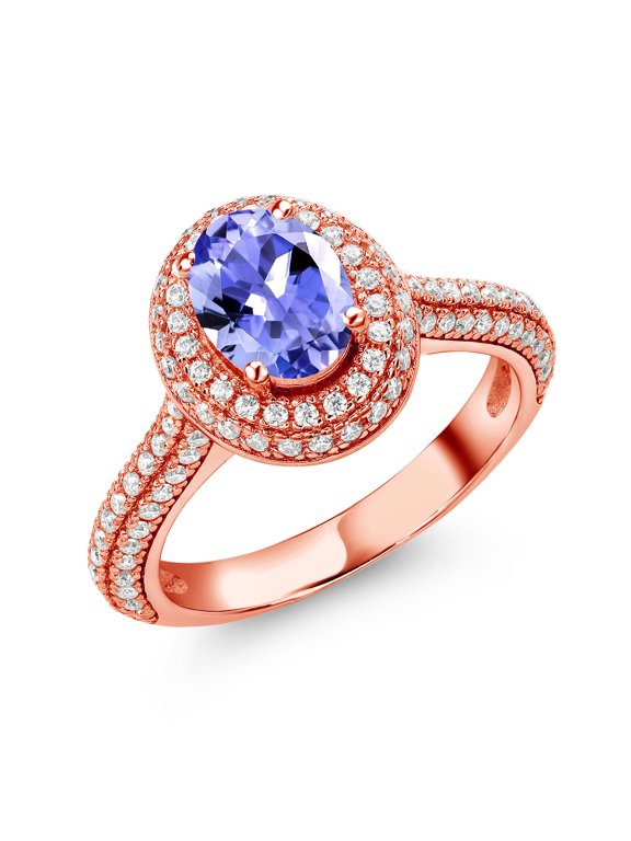 18K Rose Gold Plated Silver Ring Oval Blue Tanzanite and Moissanite (1.80 Cttw)
