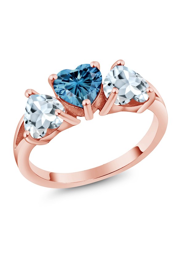 18K Rose Gold Plated Silver 3-Stone Ring Heart Shape Persian Blue Moissanite and Aquamarine Sky Blue (2.26 Cttw, Size 8)