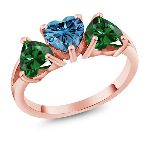 Gem Stone King 18K Rose Gold Plated Silver 3-Stone Ring Heart Shape Persian Blue Moissanite and Nano Emerald Green (2.20 Cttw, Size 5)