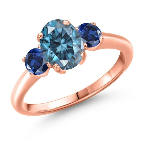 Gem Stone King 18K Rose Gold Plated Silver Ring Persian Blue Moissanite and Created Sapphire (1.88 Cttw)