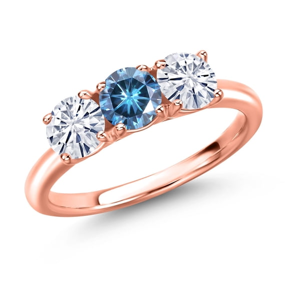 Gem Stone King 18K Rose Gold Plated Silver Persian Blue Moissanite and White Moissanite Engagement Ring for Women | 1.50 Cttw | Round 5MM | Gemstone Birthstone | Size 7