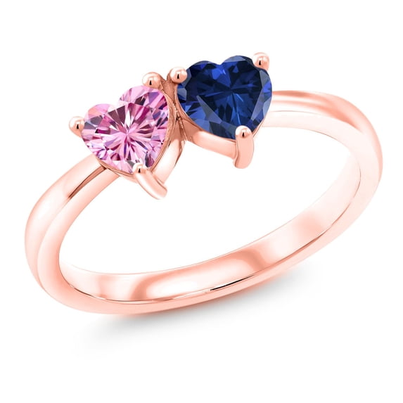 Gem Stone King 18K Rose Gold Plated Silver Ring Heart Shape Pink Moissanite and Created Sapphire Blue (1.00 Cttw, Size 7)