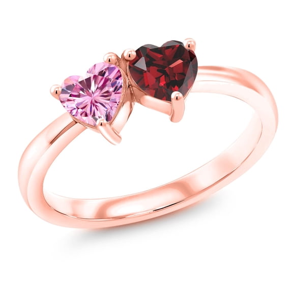 Gem Stone King 18K Rose Gold Plated Silver Ring Heart Shape Pink Moissanite and Garnet Red (1.10 Cttw, Size 9)