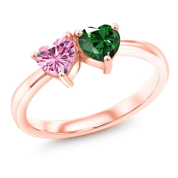 Gem Stone King 18K Rose Gold Plated Silver Ring Heart Shape Pink Moissanite and Nano Emerald Green (1.00 Cttw, Size 9)