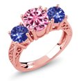 thumbnail image 1 of Gem Stone King 18K Rose Gold Plated Silver 3-Stone Ring Round Pink Moissanite and Tanzanite Blue (2.12 Cttw, Size 5), 1 of 5