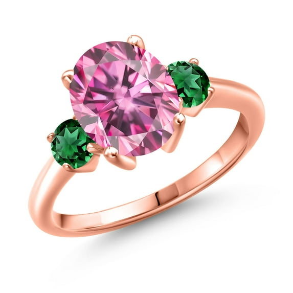 Gem Stone King 18K Rose Gold Plated Silver Ring Oval Pink Moissanite and Nano Emerald Green (3.42 Cttw, Size 5)
