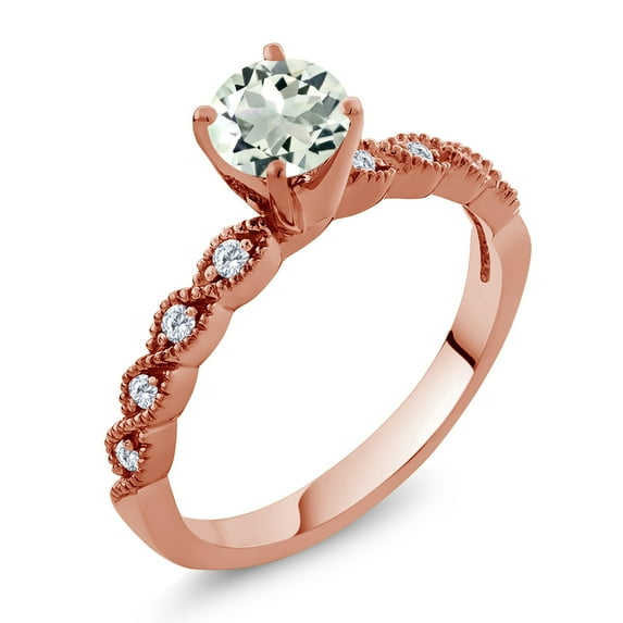 Gem Stone King 18K Rose Gold Plated Silver Ring Round Green Prasiolite and Moissanite (0.92 Cttw, Size 5)