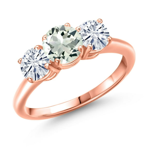 Gem Stone King 18K Rose Gold Plated Silver Green Prasiolite and White Moissanite Engagement Ring for Women | 1.80 Cttw | Round 6MM | Gemstone Birthstone | Size 7