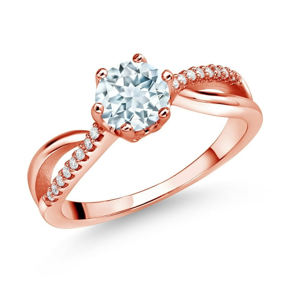 Gem Stone King 18K Rose Gold Plated Silver Ring Round Aquamarine and Moissanite (0.83 Cttw) (Size 5)
