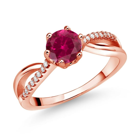 Gem Stone King 18K Rose Gold Plated Silver Ring Round Created Ruby and Moissanite (1.08 Cttw) (Size 6)