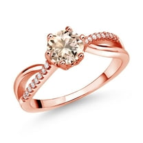 Gem Stone King 18K Rose Gold Plated Silver Ring Round Morganite and Moissanite (0.68 Cttw) (Size 8)