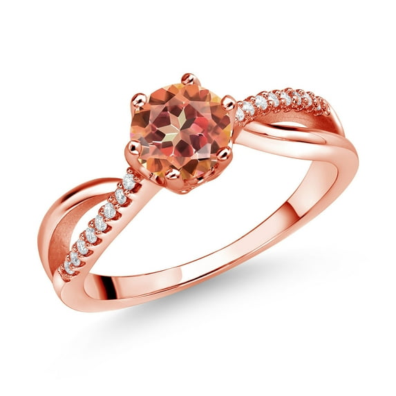 Gem Stone King 18K Rose Gold Plated Silver Ring Round Mystic Topaz and Moissanite (1.08 Cttw) (Size 5)